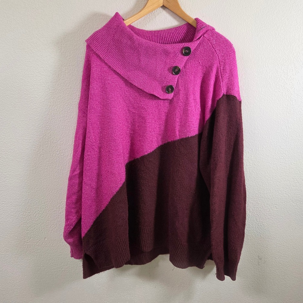 Lane Bryant Pink Burgundy Colorblock Asymmetrical Button Collar Sweater 22/24